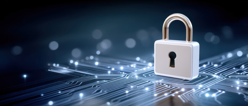 Secure data protection lock on glowing circuit board representing data security and digital privacy in modern technology
