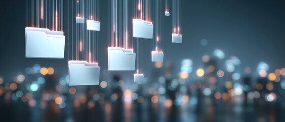 Digital file folder data security concept with glowing transfer lines and bokeh city lights conveying safe cloud storage and encrypted backup