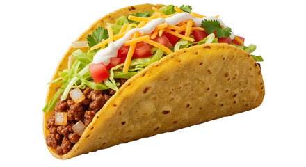 Delicious crunchy taco filled with seasoned ground beef and fresh toppings isolated on transparent background