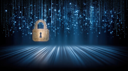 Digital padlock and falling data streams illustrate data security in futuristic blue network scene conveying protection and trust