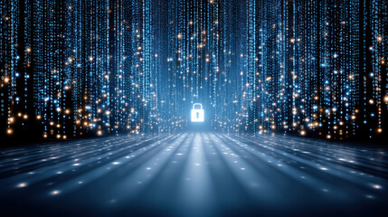Secure data protection and digital security concept with glowing padlock matrix of falling blue binary lights evoking trust and encrypted