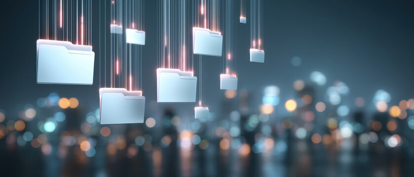 Digital file folder data security concept with glowing transfer lines and bokeh city lights conveying safe cloud storage and encrypted backup