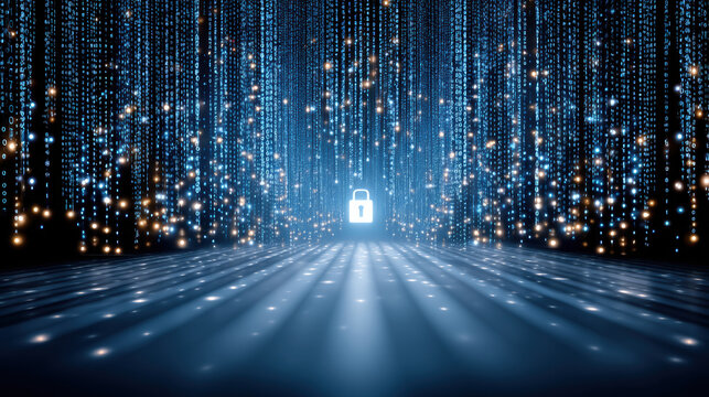 Secure data protection and digital security concept with glowing padlock matrix of falling blue binary lights evoking trust and encrypted