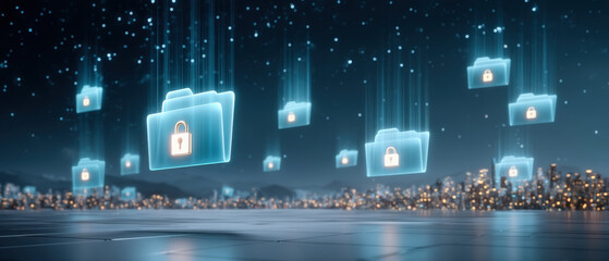 Secure digital file transfer showing glowing folder with padlock data security over city skyline at night