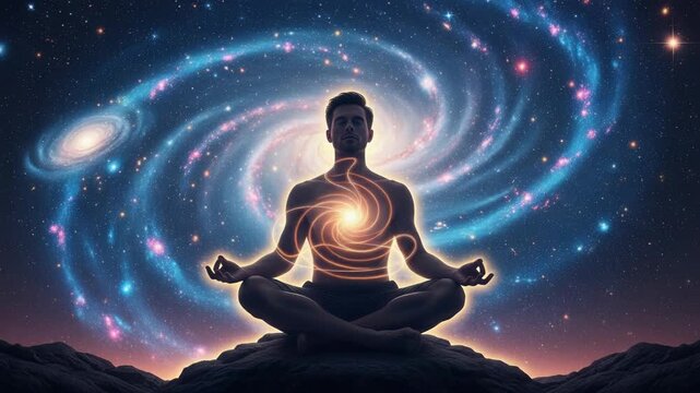 Man meditating with glowing spiritual energy in the cosmos. Silhouette in lotus position against a swirling galaxy. Cosmic consciousness and universal connection concept