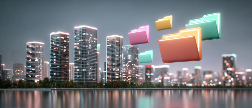 Colorful file folder icons float above modern city skyline data security concept evoking digital transfer and urban connectivity
