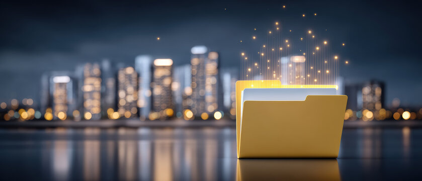 Secure digital file folder glowing over reflective surface front of blurred city skyline night showing data security and protected information