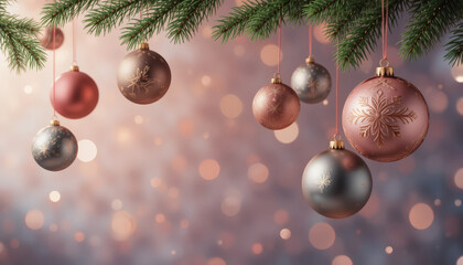 3D render of Christmas ornaments hanging over soft gradient background, elegant composition