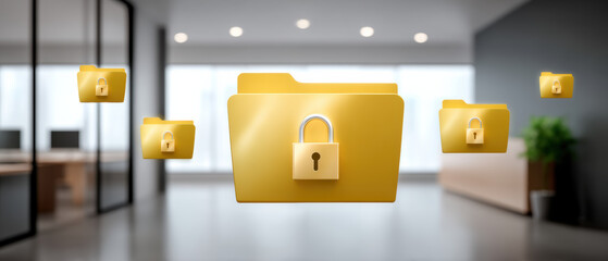 Secure yellow folder with padlock floating in modern office conveying data security and confidentiality in professional environment