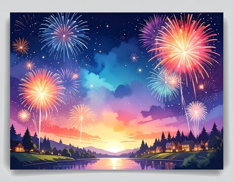 Vivid fireworks explode over a tranquil landscape at dusk - Powered by Adobe