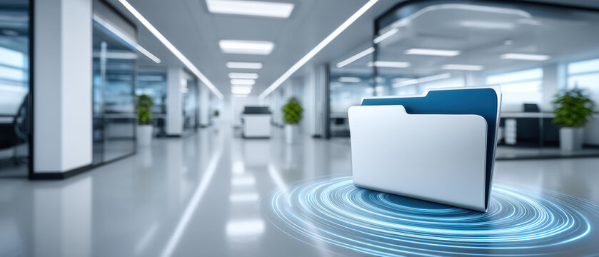 Data security concept with digital folder in modern office space conveying protection and access control while emitting calm futuristic light