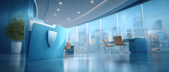 Secure folder data security concept modern office interior with city skyline and glass windows evoking trust and protection corporate environment