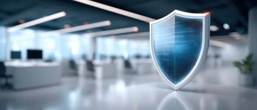 Digital shield protecting office network data security with glowing blue interface and modern workspace atmosphere promoting trust and resilience