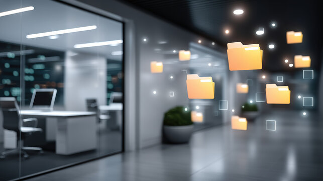 Secure data file transfer modern office environment showing glowing folder icons floating hallway conveying data security and digital workflow