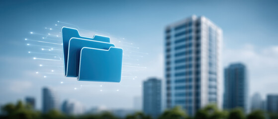 Digital folder and data security concept with floating blue folder icon over blurred cityscape conveying protection and connectivity