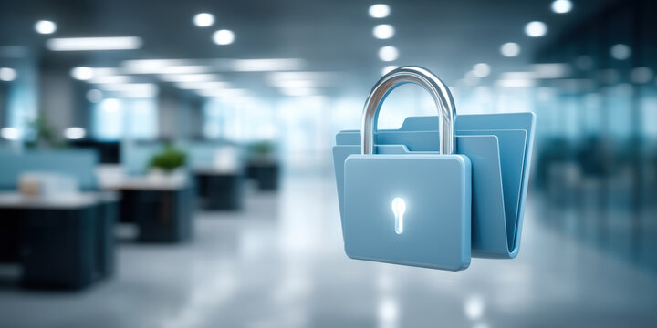 Secure folder icon floating in modern office showing data security and locked file protection calming blue tone