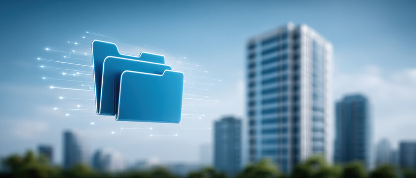 Digital folder and data security concept with floating blue folder icon over blurred cityscape conveying protection and connectivity