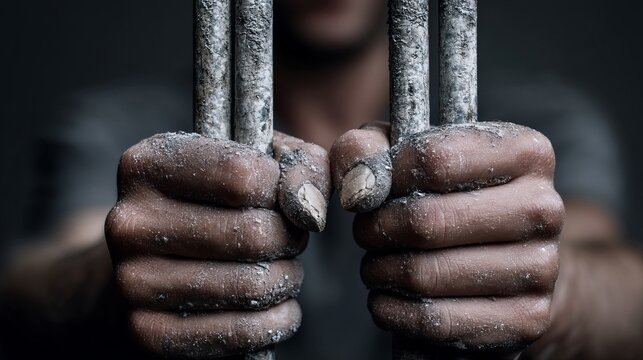 Close-up of a male's gritty hands gripping rusty bars, symbolizing struggle and confinement.