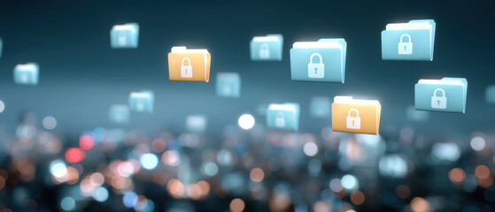 Secure data folder icons float over blurred city lights evoking data security and cloud storage protection in modern digital network scene
