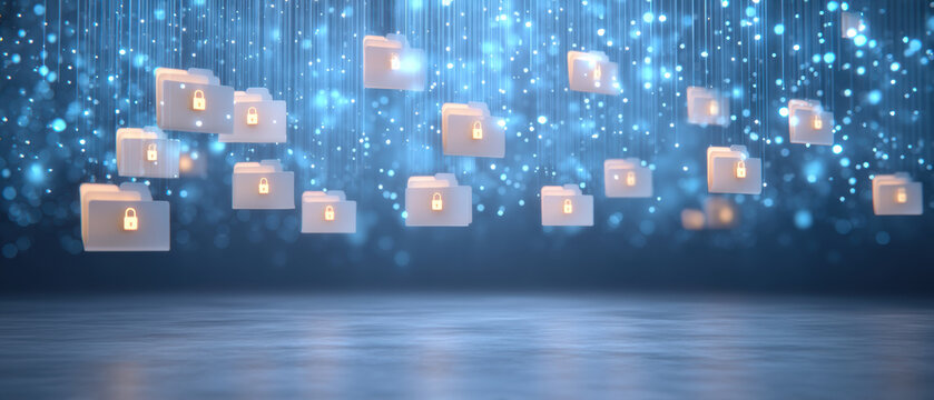 Secure data storage and data security concept with floating locked folder icons glowing in blue digital background evoking protection and trust