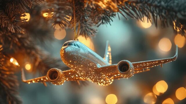Festive aviation-themed Christmas ornament hanging on pine branches, glittering holiday lights softly blurring background, symbolizing seasonal travel