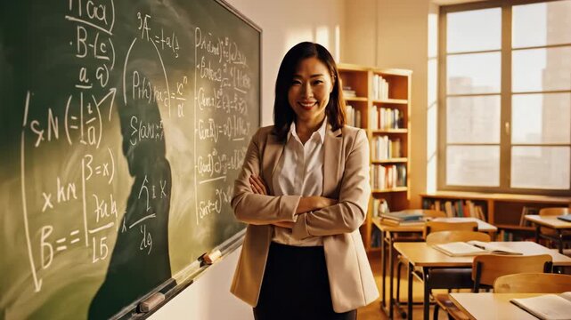 Teacher stands by blackboard in classroom with math equations.