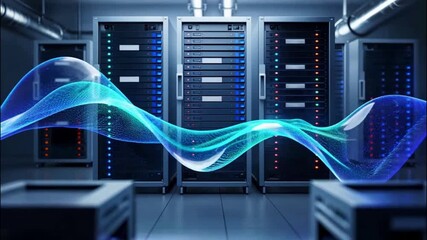 Modern data center with glowing digital wave and server racks - Powered by Adobe