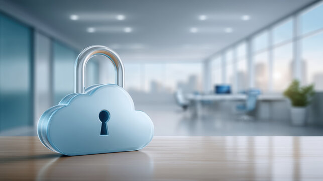 Cloud lock on office desk symbolizing data security and cloud storage protection in modern workplace - Powered by Adobe