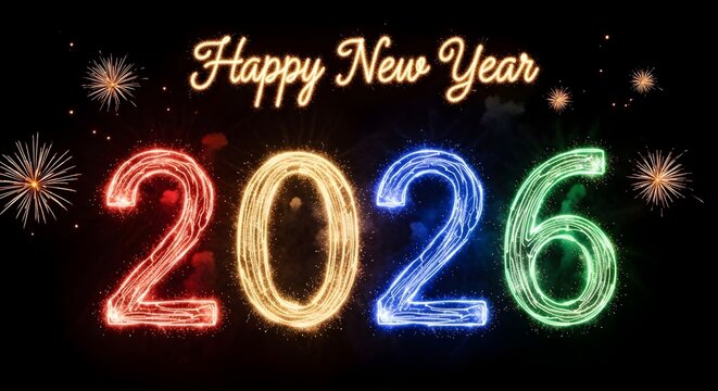 Brightly lit neon numbers 2026 with fireworks and happy new year text on a dark background