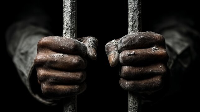Close-up of a pair of hands, showing signs of hardship, gripping prison bars, symbolizing confinement and struggle.
