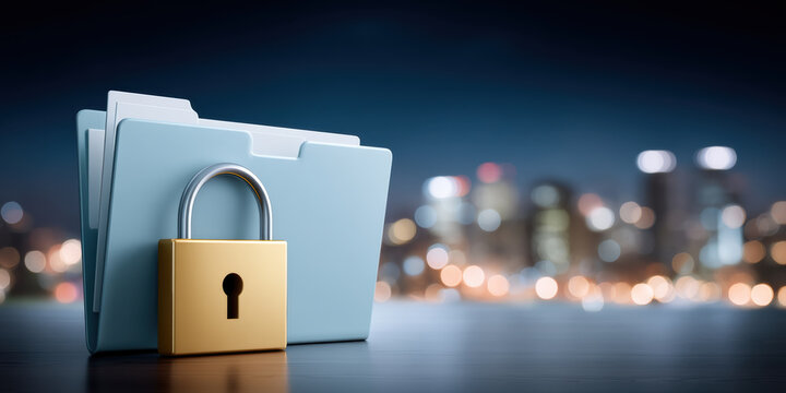 Secure folder with padlock on desk near blurred cityscape at night conveying data security and privacy protection