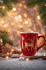 Cozy winter drink with festive decorations and warm lights