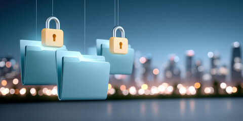 Secure folder data security concept with locked file folder icons hanging over blurred cityscape at night showing protection and privacy