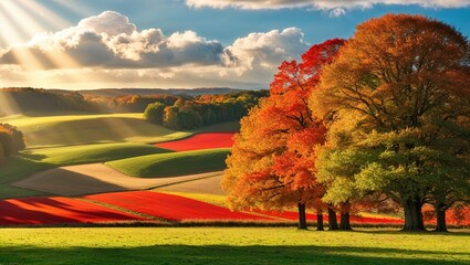 Vibrant autumn colors illuminate fields under a bright sky