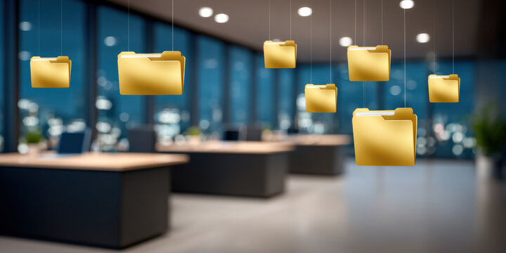 Modern office with hanging folder icons suggesting data security and organized document storage in blurred workspace at night full of calm focus