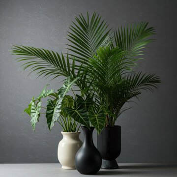 Composizione di piante tropicali da interno, filodendro lussureggiante e palma kenzia elegante in vasi decorativi, lussureggiante, ornamento, angolo