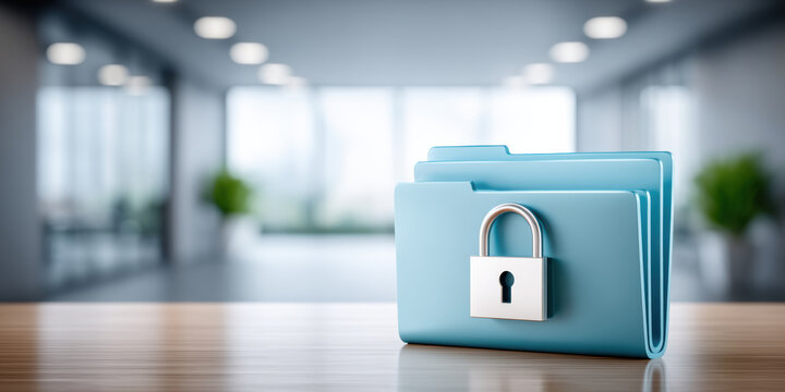 Secure blue folder on office desk symbolizing data security and privacy protection for business documents and digital records