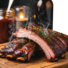 A delicious gourmet dinner plate featuring grilled pork chops and ribs served with roasted vegetables and sliced beef steak for a perfect barbecue meal