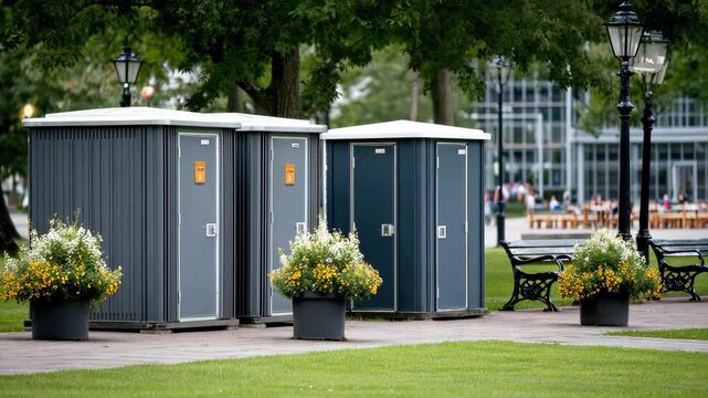Public restroom facilities in a green park with flower pots and benches on a sunny day