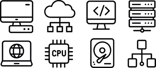 Computer technology icon set with cloud, server, and coding symbols