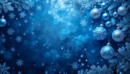 Blue and silver Christmas theme with snowflakes and baubles, cold winter aesthetic