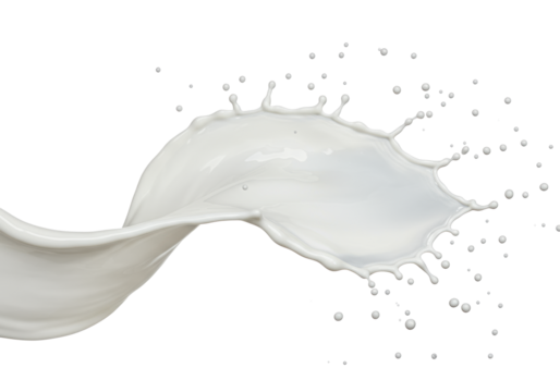 A photorealistic macro shot of an elegant opaque white liquid splash, frozen mid-air as a complex wave with spherical droplets, against a transparent studio background, concept of purity and