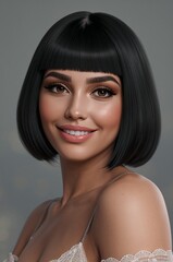Smiling woman with sleek black bob hairstyle poses against soft background