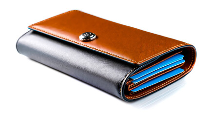 A brown leather wallet with a silver button and blue cards