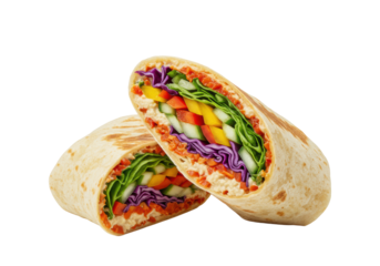 Close-up of two halves of a fresh, vibrant vegetarian wrap with shredded lettuce, purple cabbage, bell peppers, cucumber, hummus, and red spread, isolated on a white background with shallow depth of