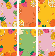 Fototapeta premium Colorful fruit themed background designs with pineapple, strawberry, and citrus.