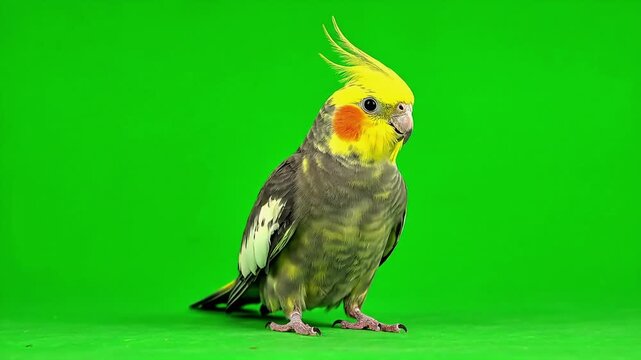 Cockatiel parrot with yellow crest isolated on green chroma key background