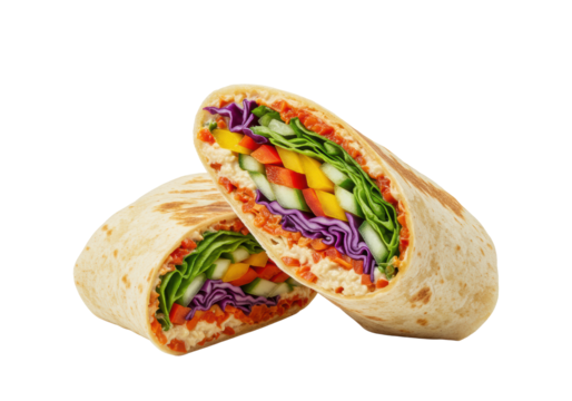 Close-up of two halves of a fresh, vibrant vegetarian wrap with shredded lettuce, purple cabbage, bell peppers, cucumber, hummus, and red spread, isolated on a white background with shallow depth of