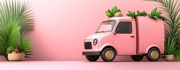 Modern Food Delivery Vehicle on Pink Background
