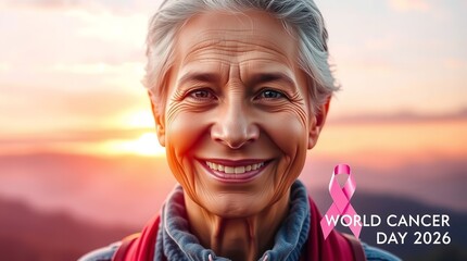 Resilient woman with grey hair smiles warmly outdoors at sunrise, embodying hope and strength.